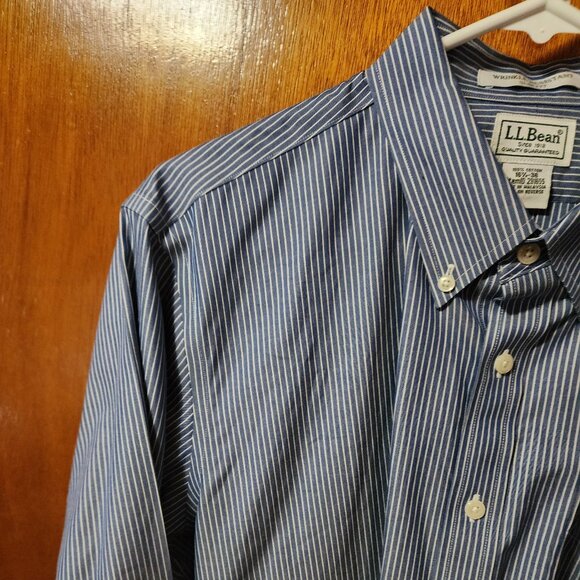 Men's 16 1/2 36 Slim L.L. Bean Blue/White Stripe Long Sleeve Button Down Shirt - Picture 3 of 9